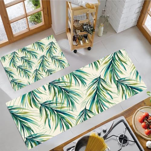 MLSOWM Küchenteppich Palmblattmuster 2 Stück, Teppich Küche Waschbar rutschfest, Küchenläufer Tropische Pflanzen Teppichläufer Flur, Teppich Läufer für Küche, Flur (43x75cm+43x150cm, Grün) von MLSOWM