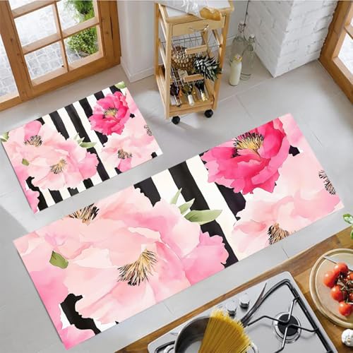 MLSOWM Küchenteppich Pfingstrose Aquarellmalerei 2 Stück, Teppich Küche Waschbar rutschfest, Küchenläufer Schwarze Streifen Teppichläufer Flur, Teppich Läufer für Küche, Flur (43x75cm+43x120cm, Rosa) MLSOWM Küchenteppich Pfingstrose Aquarellmalerei 2 Stück, Teppich Küche Waschbar rutschfest, Küchenläufer Schwarze Streifen Teppichläufer Flur, Teppich Läufer für Küche, Flur (43x75cm+43x120cm, Rosa) von MLSOWM