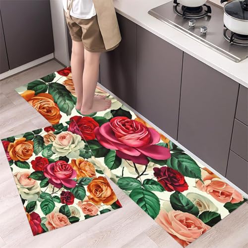 MLSOWM Küchenteppich Rosengarten 2 Stück, Teppich Küche Waschbar rutschfest, Küchenläufer Romantische Blumen Teppichläufer Flur, Teppich Läufer für Küche, Flur (44x75cm+44x150cm, Rot) von MLSOWM