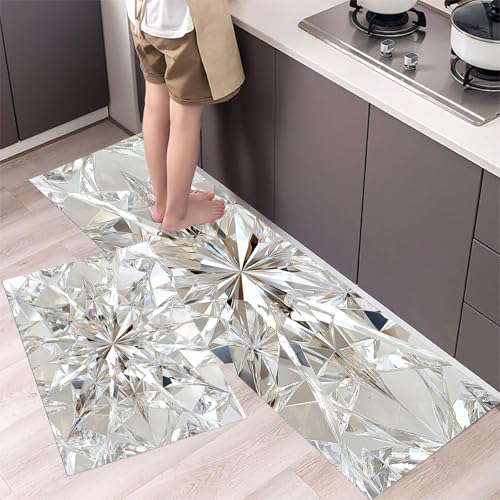 MLSOWM Küchenteppich-Sets Diamant, 2-teilig, rutschfeste Küchenmatten Luxuriöses Design Flur Läuferset waschbare Läufer, Fußmatten für Küche, Esszimmer, Boden, 43x75cm+43x150cm Beige von MLSOWM