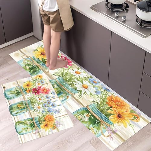 MLSOWM Küchenteppich-Sets Gänseblümchenvase, 2-teilig, rutschfeste Küchenmatten Country-Retro-Stil Flur Läuferset waschbare Läufer, Fußmatten für Küche, Esszimmer, Boden, 43x75cm+43x150cm Beige von MLSOWM