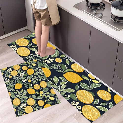 MLSOWM Küchenteppich-Sets Handgezeichnete Zitrone, 2-teilig, rutschfeste Küchenmatten Retro-Stil Flur Läuferset waschbare Läufer, Fußmatten für Küche, Esszimmer, Boden, 44x75cm+44x150cm Grün von MLSOWM