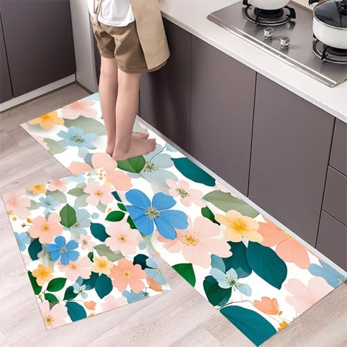 MLSOWM Küchenteppich Süße Blumen 2 Stück, Teppich Küche Waschbar rutschfest, Küchenläufer Flache Illustrationen Teppichläufer Flur, Teppich Läufer für Küche, Flur (43x75cm+43x120cm, Rosa) von MLSOWM