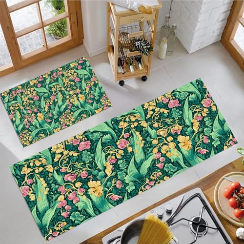 MLSOWM Küchenteppich Weinblumen 2 Stück, Teppich Küche Waschbar rutschfest, Küchenläufer Retro-Landhausstil Teppichläufer Flur, Teppich Läufer für Küche, Flur (43x75cm+43x150cm, Grün) von MLSOWM