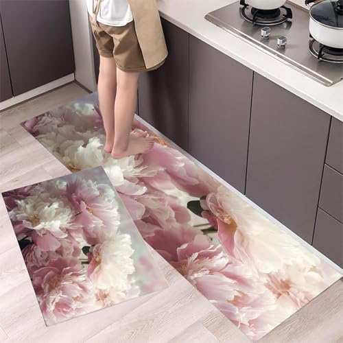MLSOWM Küchenteppich Weiße Pfingstrose 2 Stück, Teppich Küche Waschbar rutschfest, Küchenläufer Retro-Stil Teppichläufer Flur, Teppich Läufer für Küche, Flur (43x75cm+43x120cm, Rosa) von MLSOWM