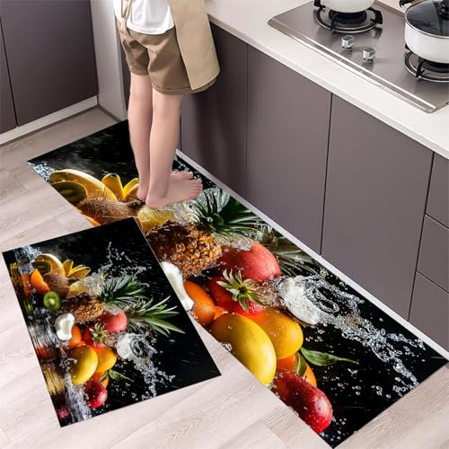 MLSOWM Küchenteppiche Ananas-Kiwi 2 Stück,Rutschfestes Waschbare Tropische Früchte Flur Läufer Anti-Müdigkeit-Küchenmatten für Boden Esszimmer,Eingang und Türmatte 40x60cm+40x120cm Schwarz MLSOWM Küchenteppiche Ananas-Kiwi 2 Stück,Rutschfestes Waschbare Tropische Früchte Flur Läufer Anti-Müdigkeit-Küchenmatten für Boden Esszimmer,Eingang und Türmatte 40x60cm+40x120cm Schwarz von MLSOWM