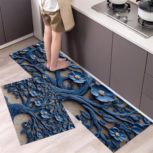 MLSOWM Küchenteppiche Baum des Lebens 2 Stück,Rutschfestes Waschbare Holzrelief Flur Läufer Anti-Müdigkeit-Küchenmatten für Boden Esszimmer,Eingang und Türmatte 40x60cm+40x120cm Marineblau von MLSOWM