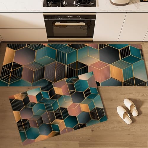 MLSOWM Küchenteppiche Fliesenmuster 2 Stück,Rutschfestes Waschbare Sechseck aus Goldfolie Flur Läufer, Esszimmer,Eingang und Türmatte Set,Anti-Müdigkeit-Küchenmatten 40x60cm+40x120cm Grün von MLSOWM