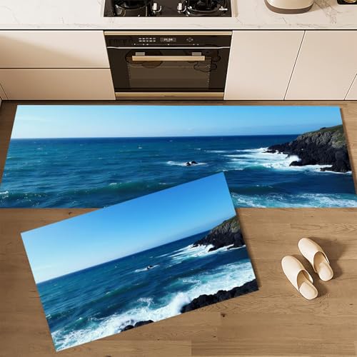 MLSOWM Küchenteppiche Küstenlandschaft 2 Stück,Rutschfestes Waschbare Felsige Küste Flur Läufer, Esszimmer,Eingang und Türmatte Set,Anti-Müdigkeit-Küchenmatten 40x60cm+40x120cm Blau von MLSOWM