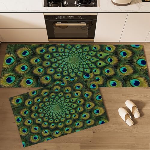 MLSOWM Küchenteppiche Mandala-Muster 2 Stück,Rutschfestes Waschbare Pfauenfeder-Kaleidoskop Flur Läufer, Esszimmer,Eingang und Türmatte Set,Anti-Müdigkeit-Küchenmatten 40x60cm+40x120cm Grün von MLSOWM