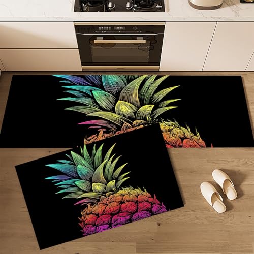 MLSOWM Küchenteppiche Obst Illustrationen 2 Stück,Rutschfestes Waschbare Regenbogenananas Flur Läufer, Esszimmer,Eingang und Türmatte Set,Anti-Müdigkeit-Küchenmatten 40x60cm+40x120cm Schwarz von MLSOWM
