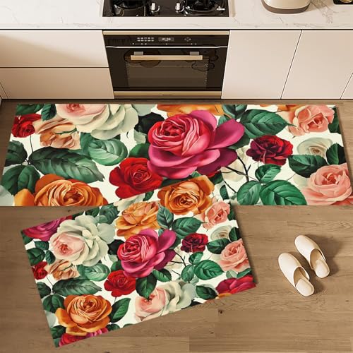 MLSOWM Küchenteppiche Retro-Landhausstil 2 Stück,Rutschfestes Waschbare Aquarell Rosen Flur Läufer, Esszimmer,Eingang und Türmatte Set,Anti-Müdigkeit-Küchenmatten 43x75cm+43x150cm Koralle von MLSOWM