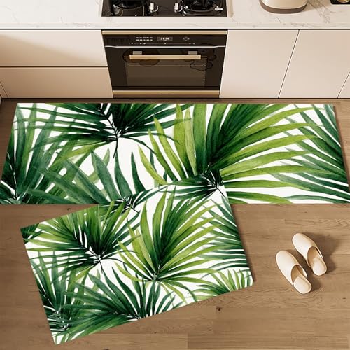 MLSOWM Küchenteppiche Tropischer Regenwald 2 Stück,Rutschfestes Waschbare Aquarell Palmblätter Flur Läufer, Esszimmer,Eingang und Türmatte Set,Anti-Müdigkeit-Küchenmatten 40x60cm+40x120cm Grün von MLSOWM