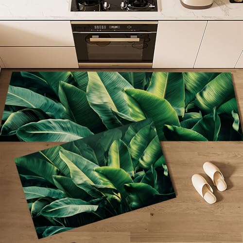 MLSOWM Küchenteppiche Tropischer Wald 2 Stück,Rutschfestes Waschbare Bananenblätter Flur Läufer, Esszimmer,Eingang und Türmatte Set,Anti-Müdigkeit-Küchenmatten 40x60cm+40x120cm Dunkelgrün von MLSOWM