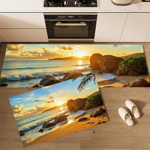 MLSOWM Küste Küchenteppich Sets, 2 Stück rutschfeste Strandblick Küchenmatten und Teppiche Läuferset, Gummibacking Super Absorbierende Waschbare Bodenmatten, 43x75cm+43x150cm Gelb von MLSOWM