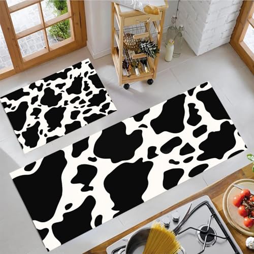 MLSOWM Kuhflecken Küchenläufer 2 Stück, Küchenteppich Landhausstil Waschbar rutschfest Teppich Küche mit Gummirücken Küchenmatte für Esszimmer, Küche, Läufer Flur(40x60cm+40x120cm, Schwarz und Weiß) von MLSOWM