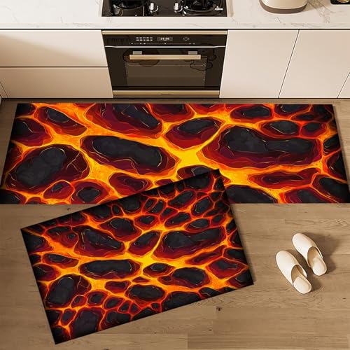 MLSOWM Lava-Textur Küchenläufer 2 Stück, Küchenteppich Spielthema Waschbar rutschfest Teppich Küche mit Gummirücken Küchenmatte für Esszimmer, Küche, Läufer Flur(40x60cm+40x120cm, Orange) von MLSOWM