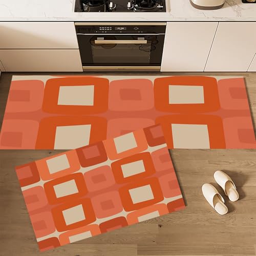 MLSOWM Linienfarbblöcke Küchenteppich Sets, 2 Stück rutschfeste Modernismus Küchenmatten und Teppiche Läuferset, Gummibacking Super Absorbierende wWaschbare Bodenmatten, 43x75cm+43x150cm Terrakotta von MLSOWM