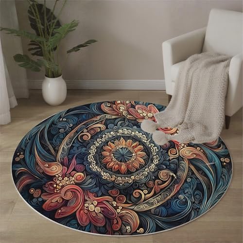 MLSOWM Mandala-Muster Teppich Rund, 160 cm Kurzflor Waschbar Rutschfester Wirbelblumen Teppiche Wohnzimmerteppich Flauschig Weich Runder Teppich für Schlafzimmer, Wohnzimmer, Dunkelblau MLSOWM Mandala-Muster Teppich Rund, 160 cm Kurzflor Waschbar Rutschfester Wirbelblumen Teppiche Wohnzimmerteppich Flauschig Weich Runder Teppich für Schlafzimmer, Wohnzimmer, Dunkelblau von MLSOWM