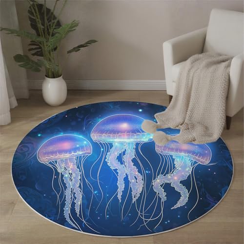 MLSOWM Mandala Runde Teppiche Biolumineszierende Quallen Runder Teppiche Dünner großer Teppich für Schlafzimmer Wohnzimmer Esszimmer Terrasseneingang 200 cm, Blau MLSOWM Mandala Runde Teppiche Biolumineszierende Quallen Runder Teppiche Dünner großer Teppich für Schlafzimmer Wohnzimmer Esszimmer Terrasseneingang 200 cm, Blau von MLSOWM