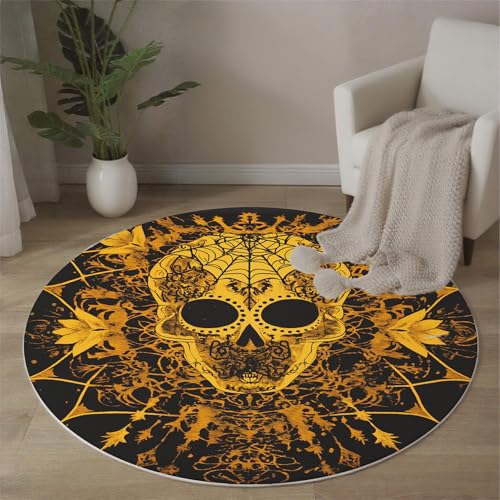 MLSOWM Mandala-Stil Runde Teppiche Spinnennetz-Skelett Runder Teppiche Dünner großer Teppich für Schlafzimmer Wohnzimmer Esszimmer Terrasseneingang 60 cm, Goldgelb von MLSOWM