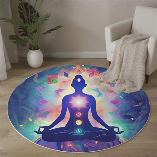 MLSOWM Meditierende Figur Teppich Rund 120 cm, Waschbare Teppiche, Chakra-Symbole Runder Teppiche, rutschfest Bedruckter Teppich für Schlafzimmer, Kinderzimmer, Blau von MLSOWM