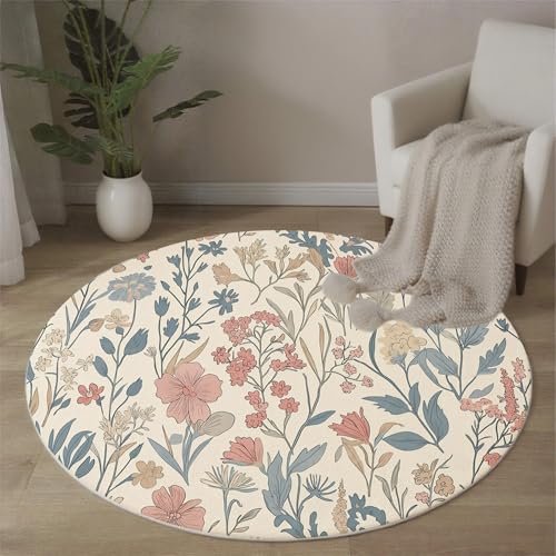 MLSOWM Naturalismus Runde Teppiche Vintage Wildblumen Runder Teppiche Dünner großer Teppich für Schlafzimmer Wohnzimmer Esszimmer Terrasseneingang 200 cm, Creme MLSOWM Naturalismus Runde Teppiche Vintage Wildblumen Runder Teppiche Dünner großer Teppich für Schlafzimmer Wohnzimmer Esszimmer Terrasseneingang 200 cm, Creme von MLSOWM