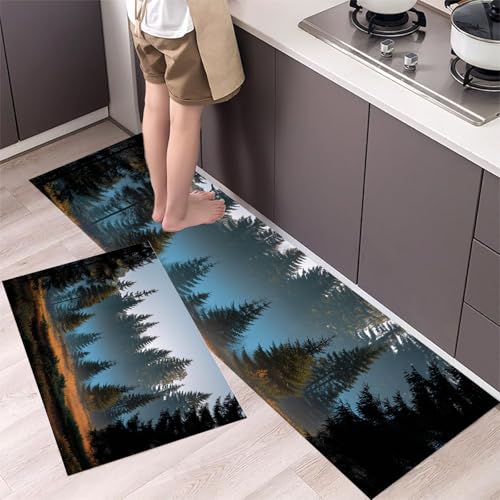 MLSOWM Nebliger Kiefernwald Küchenteppich-Sets 2-teilig, rutschfeste waschbare Läufer Nordischer Stil Fußmatten für Küche, Esszimmer, 43x75cm+43x150cm Dunkelgrün von MLSOWM
