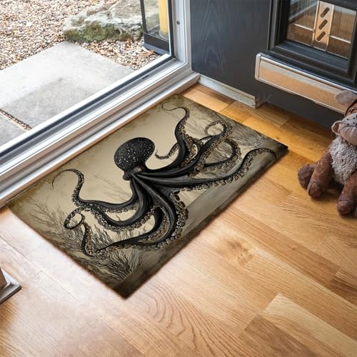 MLSOWM Oktopus Fußmatte Innen 80 x 120 cm Schmutzfangmatte Innen rutschfest Vintage-Illustration Fußmatte Waschbar Saugstarke Eingangsteppich Dünne Türmatte für Eingang, Haustür - Bräunen von MLSOWM