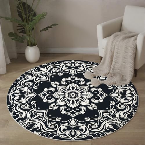 MLSOWM Paisley-Muster Teppich Rund, 120 cm Kurzflor Waschbar Rutschfester Mandala-Blumen Teppiche Wohnzimmerteppich Flauschig Weich Runder Teppich für Schlafzimmer, Wohnzimmer, Schwarz von MLSOWM