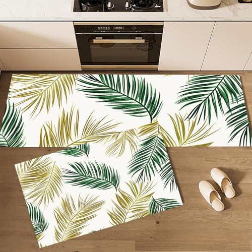 MLSOWM Palmblätter Küchenteppich Sets, 2 Stück rutschfeste Tropisches Thema Küchenmatten und Teppiche Läuferset, Gummibacking Super Absorbierende wWaschbare Bodenmatten, 40x60cm+40x120cm Grün MLSOWM Palmblätter Küchenteppich Sets, 2 Stück rutschfeste Tropisches Thema Küchenmatten und Teppiche Läuferset, Gummibacking Super Absorbierende wWaschbare Bodenmatten, 40x60cm+40x120cm Grün von MLSOWM