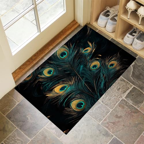 MLSOWM Pfauenfedern Fußmatte Innen 40 x 60 cm, Luxuriöses Design Waschbar Eingangsteppich, Schmutzfangmatte rutschfest, Türmatte Teppich für Eingang, Haustür, Flur, Küche, Schlafzimmer - Blaugrün von MLSOWM
