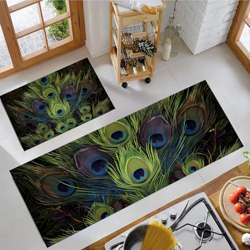 MLSOWM Pfauenfedern Küchenläufer 2 Stück, Küchenteppich Luxuriöses Design Waschbar rutschfest Teppich Küche mit Gummirücken Küchenmatte für Esszimmer, Küche, Läufer Flur(43x75cm+43x120cm, Grün) von MLSOWM