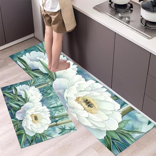 MLSOWM Pfingstrose Aquarellmalerei Küchenteppich-Sets 2-teilig, rutschfeste waschbare Läufer Grüner Bambuswald Fußmatten für Küche, Esszimmer, 43x75cm+43x120cm Grün von MLSOWM