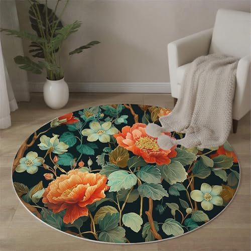 MLSOWM Retro-Blumen Teppich Rund, 200 cm Kurzflor Waschbar Rutschfester Pfingstrosen Und Clematis Teppiche Wohnzimmerteppich Flauschig Weich Runder Teppich für Schlafzimmer, Wohnzimmer, Grün MLSOWM Retro-Blumen Teppich Rund, 200 cm Kurzflor Waschbar Rutschfester Pfingstrosen Und Clematis Teppiche Wohnzimmerteppich Flauschig Weich Runder Teppich für Schlafzimmer, Wohnzimmer, Grün von MLSOWM
