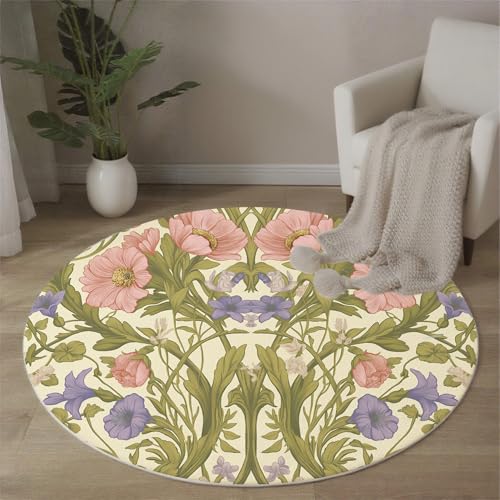 MLSOWM Retro-Blumen Teppich Rund 100 cm rutschfest Teppiche Weinrebe Wildblumen Waschbar Rund Teppiche Kurzflor Runder Teppich for Wohnzimmer Schlafzimmer Studie Heimbüro, Salbeigrün von MLSOWM