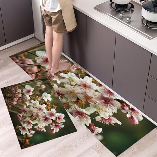 MLSOWM Retro-Kirschblüten Küchenteppich-Sets 2-teilig, rutschfeste waschbare Läufer Gartenblick Fußmatten für Küche, Esszimmer, 43x75cm+43x150cm Grün von MLSOWM