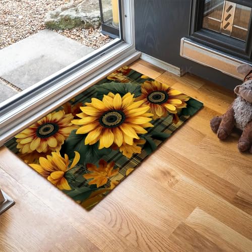 MLSOWM Retro-Plaid Und Sonnenblumen Fußmatte Innen 60 x 90 cm Schmutzfangmatte Innen rutschfest Landhausstil Fußmatte Waschbar Saugstarke Eingangsteppich Dünne Türmatte für Eingang, Haustür - Gelb von MLSOWM