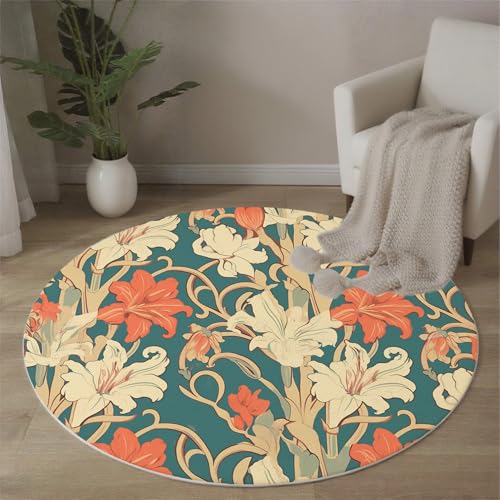 MLSOWM Retro-Stil Teppich Rund, 120 cm Kurzflor Waschbar Rutschfester Lilienblüten Teppiche Wohnzimmerteppich Flauschig Weich Runder Teppich für Schlafzimmer, Wohnzimmer, Orange-Rot MLSOWM Retro-Stil Teppich Rund, 120 cm Kurzflor Waschbar Rutschfester Lilienblüten Teppiche Wohnzimmerteppich Flauschig Weich Runder Teppich für Schlafzimmer, Wohnzimmer, Orange-Rot von MLSOWM