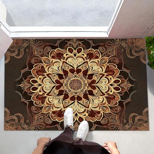 MLSOWM Retro Wunderschöne Blumen Fußmatte Innen 40x60 cm Schmutzfangmatte Innen rutschfest Mandala Fußmatte Waschbar Saugstarke Eingangsteppich Dünne Türmatte für Eingang, Haustür - Rotwein von MLSOWM