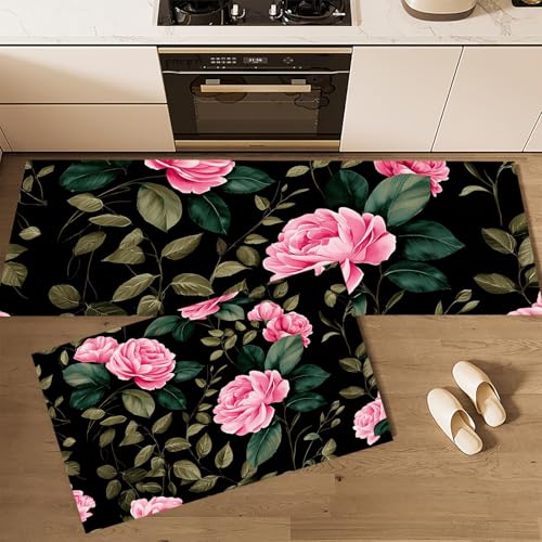 MLSOWM Rose Küchenläufer 2 Stück, Küchenteppich Retro-Aquarell-Stil Waschbar rutschfest Teppich Küche mit Gummirücken Küchenmatte für Esszimmer, Küche, Läufer Flur(43x75cm+43x120cm, Rosa) von MLSOWM