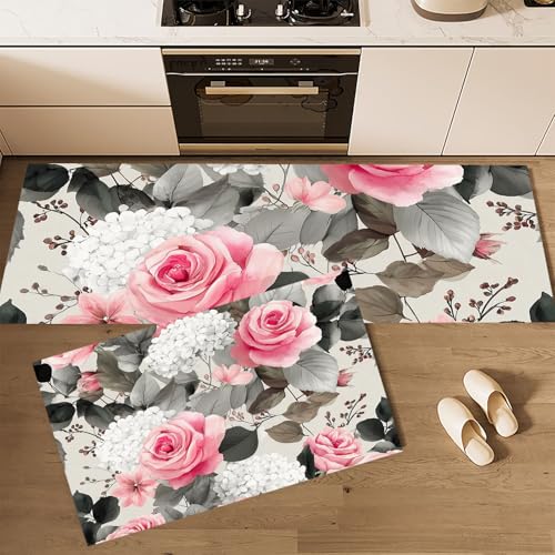 MLSOWM Rosenhortensie Küchenteppich Sets, 2 Stück rutschfeste Aquarellblumen Küchenmatten und Teppiche Läuferset, Gummibacking Super Absorbierende wWaschbare Bodenmatten, 43x75cm+43x150cm Grau von MLSOWM