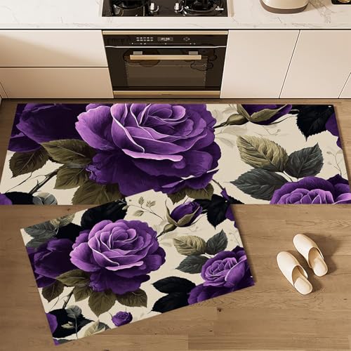 MLSOWM Rosenmuster Küchenläufer 2 Stück, Küchenteppich Retro-Stil Waschbar rutschfest Teppich Küche mit Gummirücken Küchenmatte für Esszimmer, Küche, Läufer Flur(40x60cm+40x120cm, Lila) von MLSOWM