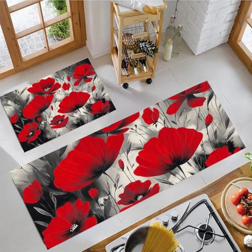 MLSOWM Rote Blumen Küchenteppich Sets, 2 Stück rutschfeste Retro-Stil Küchenmatten und Teppiche Läuferset, Gummibacking Super Absorbierende Waschbare Bodenmatten, 40x60cm+40x120cm Rot von MLSOWM