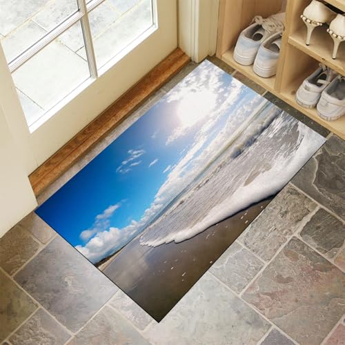 MLSOWM Schmutzfangmatte 40 x 60 cm, Küstenwellen Fussmatte Innen rutschfeste & Waschbar Schöner Strand Fußmatte Sauberlaufmatte für Haustür, Flur und Eingangsbereich - Blau von MLSOWM
