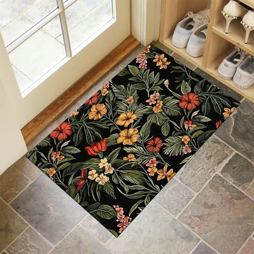 MLSOWM Schmutzfangmatte 50 x 80 cm, Tropische Pflanzen Und Blumen Fussmatte Innen rutschfeste & Waschbar Exotische Blumen Fußmatte Sauberlaufmatte für Haustür, Flur und Eingangsbereich - Dunkelgrün von MLSOWM