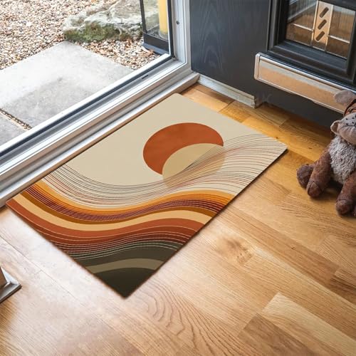 MLSOWM Schmutzfangmatte 60 x 120 cm, Abstrakte Sonne Und Kurven Fussmatte Innen rutschfeste & Waschbar Minimalismus Fußmatte Sauberlaufmatte für Haustür, Flur und Eingangsbereich - Beige von MLSOWM