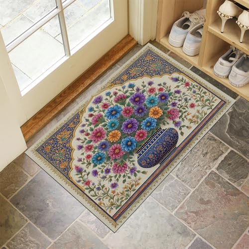 MLSOWM Schmutzfangmatte 60x120 cm, Bunte Blumenvase Fussmatte Innen rutschfeste & Waschbar Retro-Stil Fußmatte Sauberlaufmatte für Haustür, Flur und Eingangsbereich - Blau von MLSOWM