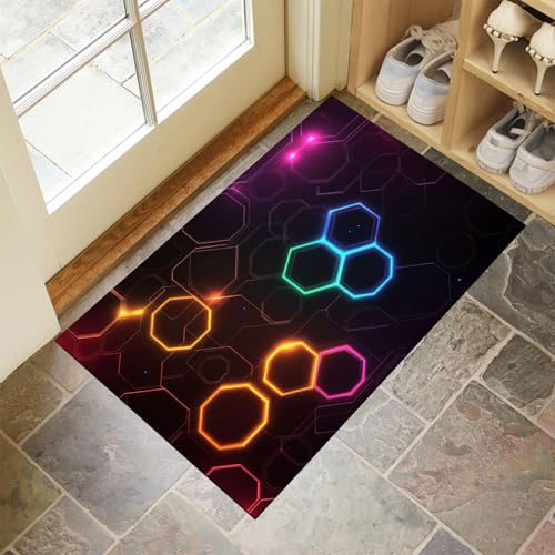 MLSOWM Schmutzfangmatte 80 x 120 cm, Neon-Sechsecke Fussmatte Innen rutschfeste & Waschbar Zukunftstechnologie Fußmatte Sauberlaufmatte für Haustür, Flur und Eingangsbereich - Neonviolett von MLSOWM