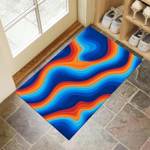 MLSOWM Schmutzfangmatte 80x120 cm, Wellenlinien Fussmatte Innen rutschfeste & Waschbar Retro-Mode Fußmatte Sauberlaufmatte für Haustür, Flur und Eingangsbereich - Dunkelblau von MLSOWM